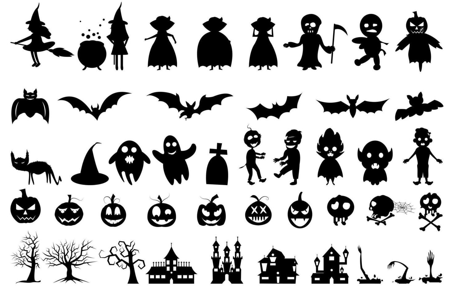 célébration d'halloween avec des silhouettes de zombies, de vampires, de chauves-souris, de tombes, d'arbres secs, de citrouilles, de chats, de châteaux et de sorcières vecteur