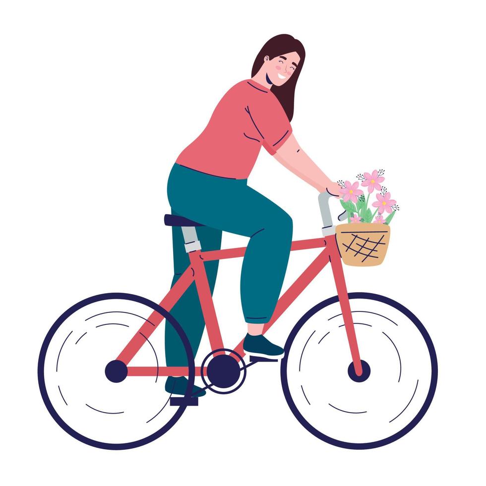 jeune femme en vélo avec décoration de fleurs dans le panier vecteur
