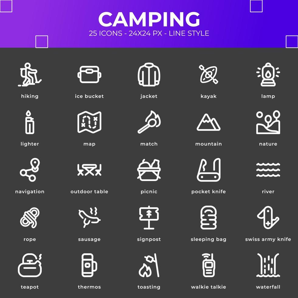 pack d'icônes de camping de couleur noire vecteur