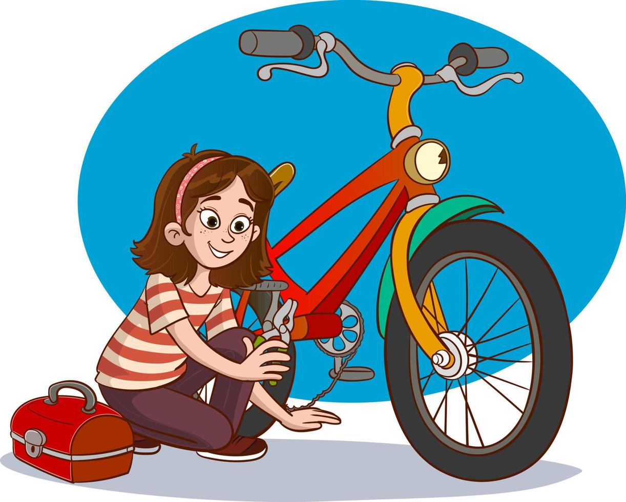 illustration vectorielle de fille réparant son vélo vecteur