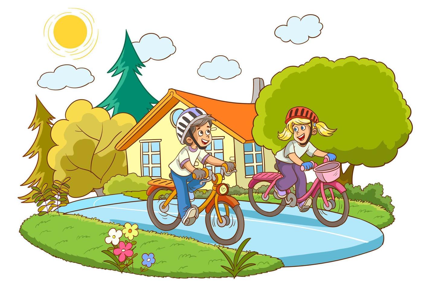 heureux petits enfants à vélo. illustration vectorielle vecteur