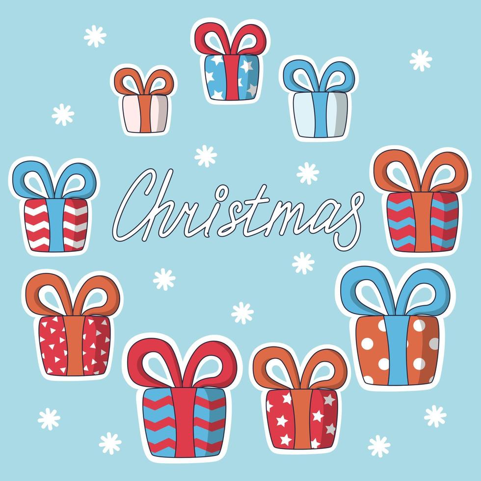 cadeaux de Noël de différentes tailles et couleurs. illustration vectorielle dans un style de dessin animé mignon sur fond bleu clair vecteur