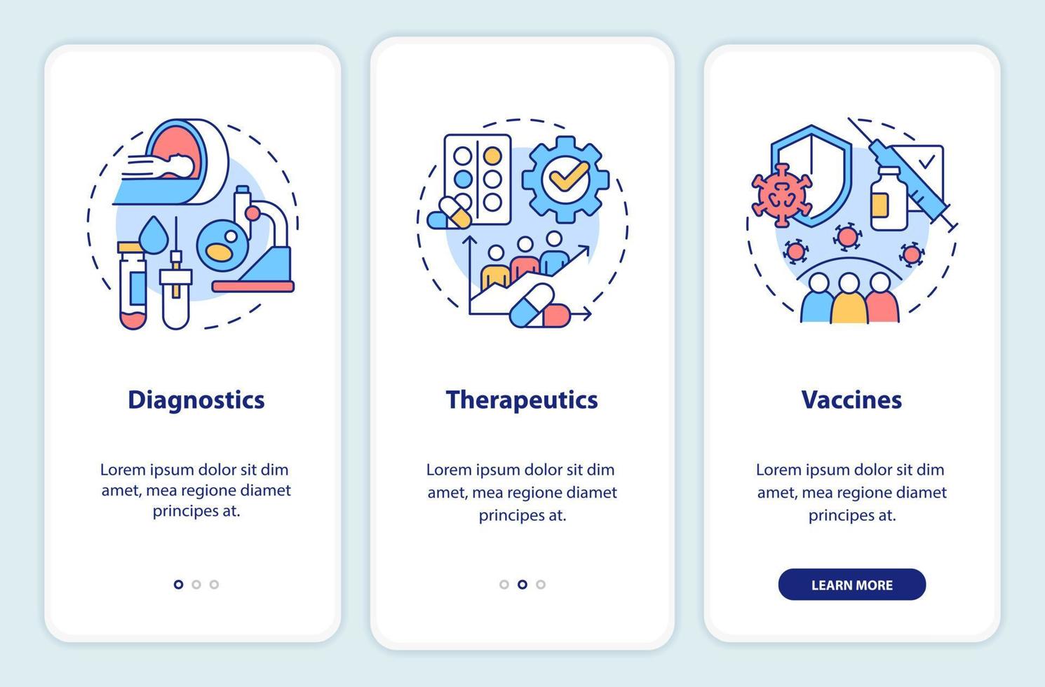 écran d'application mobile d'intégration de la recherche clinique sur la préparation à la pandémie. instructions graphiques modifiables en 3 étapes avec des concepts linéaires. ui, ux, modèle d'interface graphique. vecteur