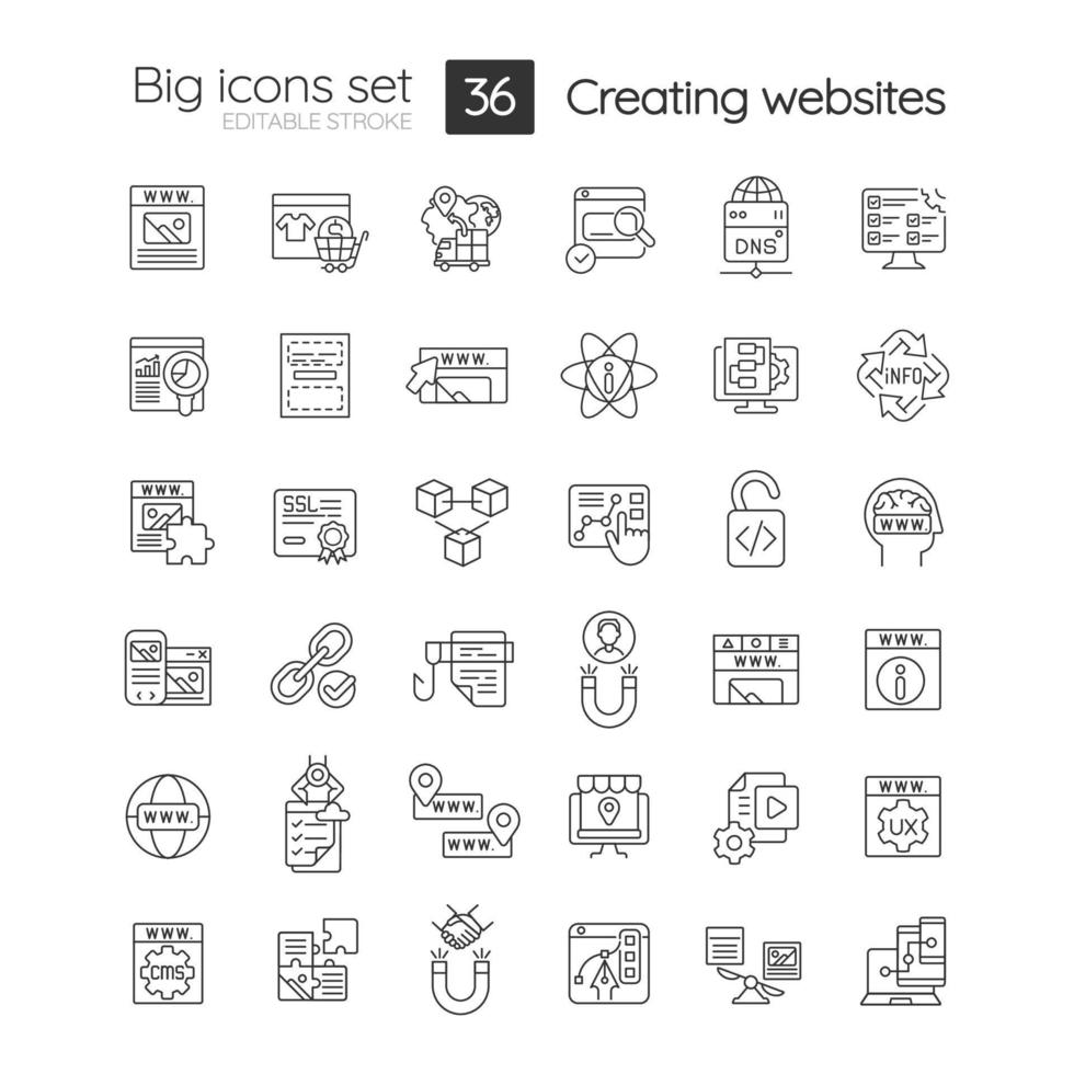 ensemble d'icônes linéaires de site Web de construction. trafic Internet. architecture de l'information. contenu. symboles de lignes fines personnalisables. illustrations vectorielles isolées. trait modifiable. vecteur