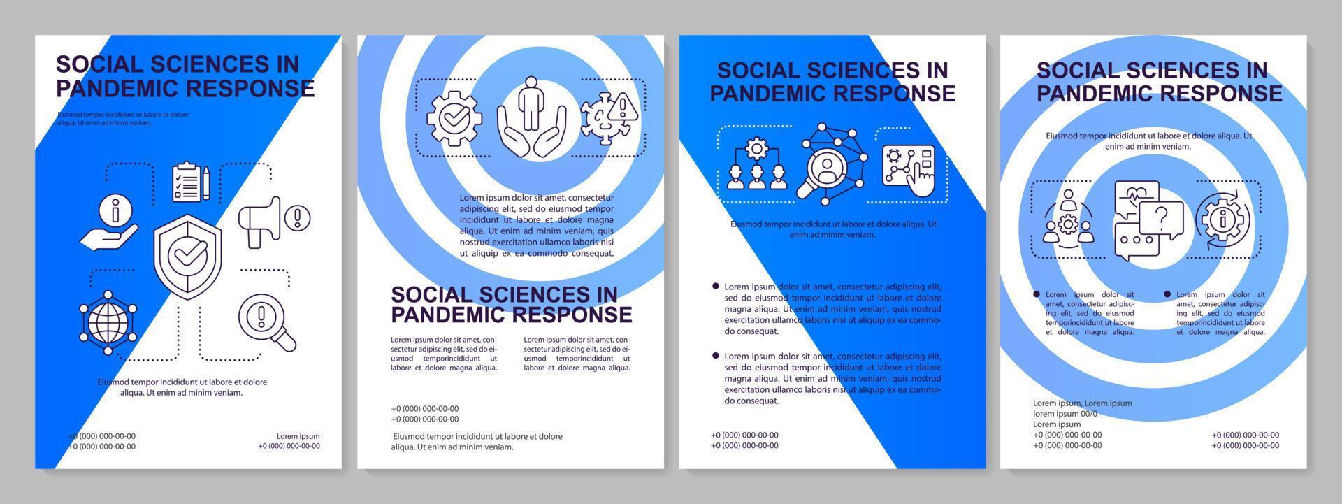 sciences sociales dans le modèle de brochure bleue de réponse à la pandémie. conception de dépliant avec des icônes linéaires. 4 mises en page vectorielles modifiables pour la présentation, les rapports annuels. vecteur