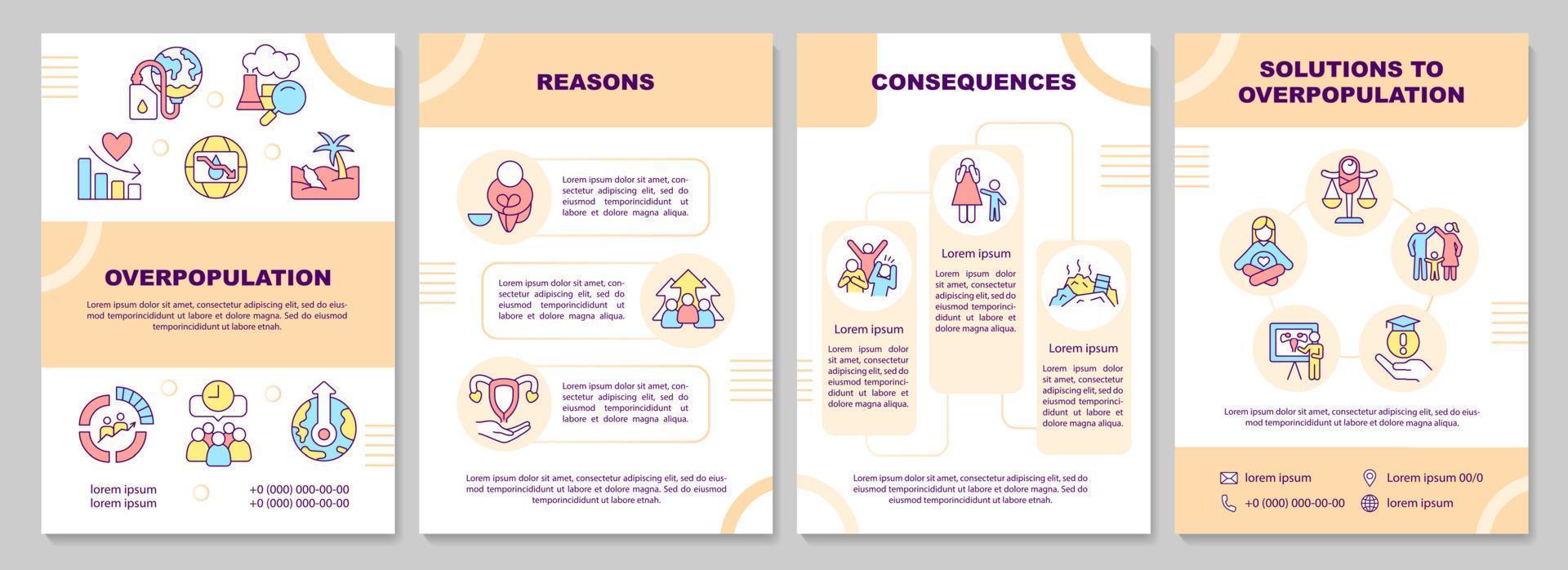 modèle de brochure orange surpopulation. problème et solutions. conception de dépliant avec des icônes linéaires. 4 mises en page vectorielles modifiables pour la présentation, les rapports annuels. vecteur