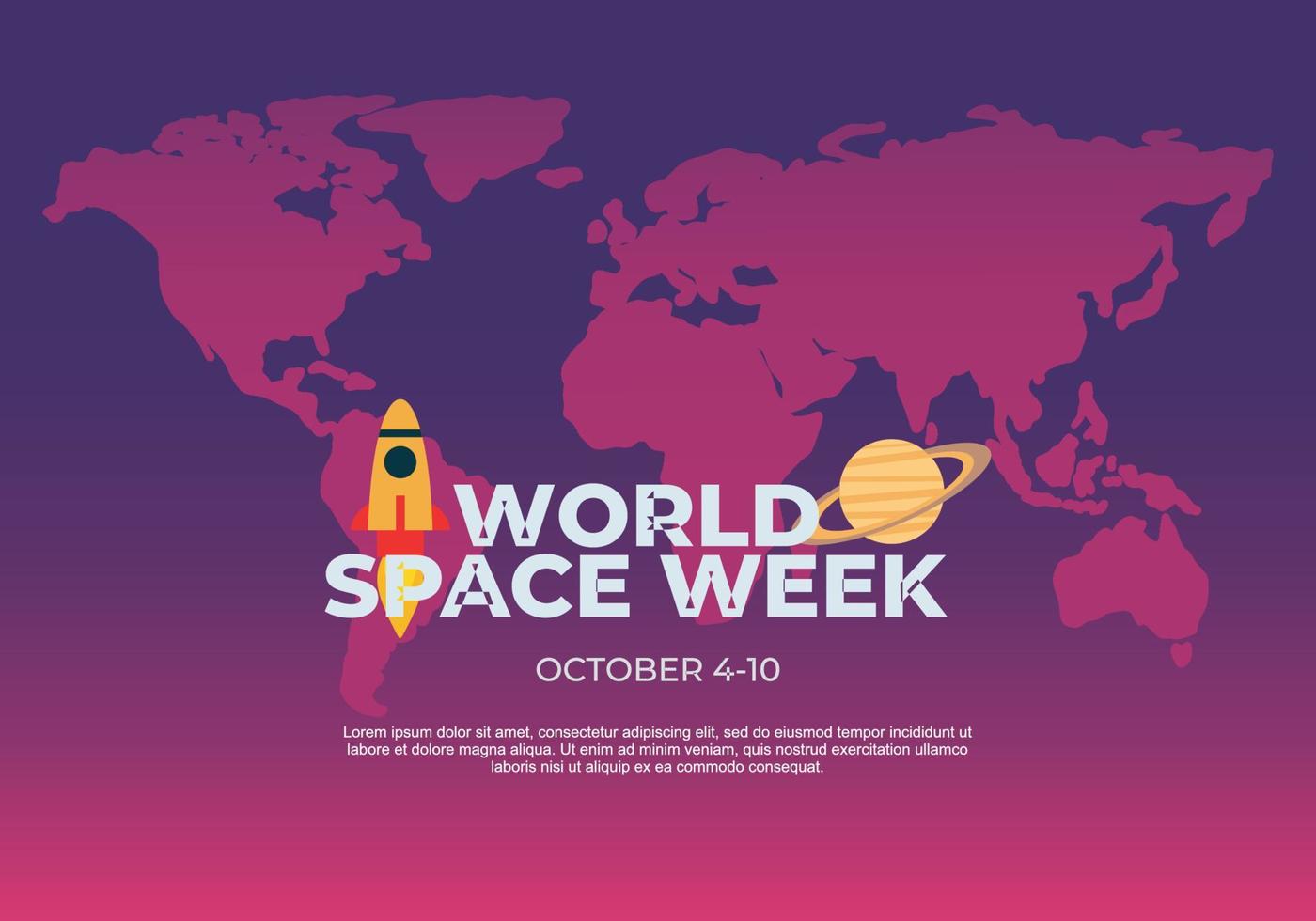 arrière-plan de la semaine de l'espace de mots avec carte du monde, fusée et ovni. vecteur