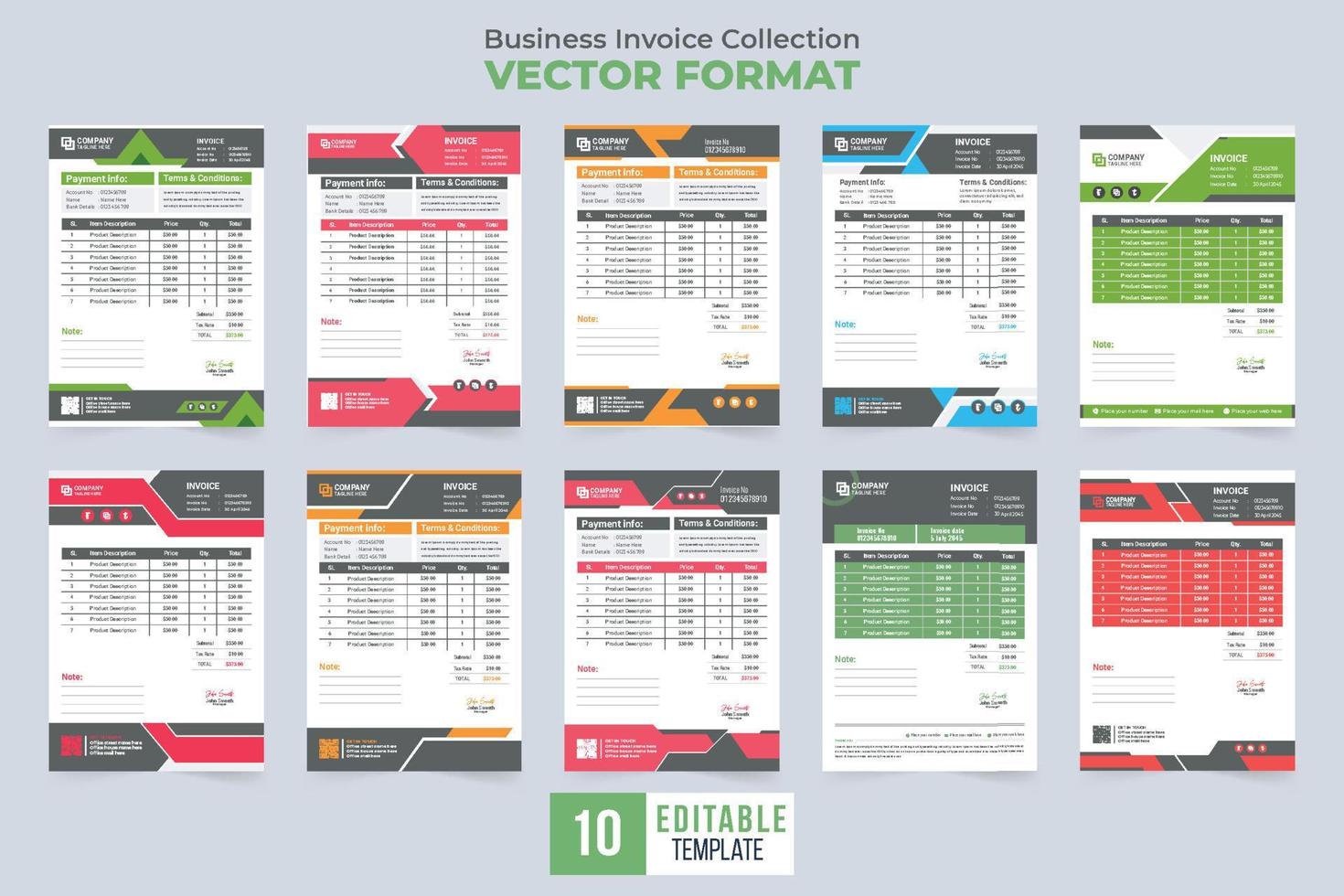 vecteur de collection de modèles de facture professionnelle avec des formes abstraites. modèle de facture d'entreprise scénographie avec des couleurs rouges et vertes. accord de paiement et collecte de vecteurs de reçus en espèces.