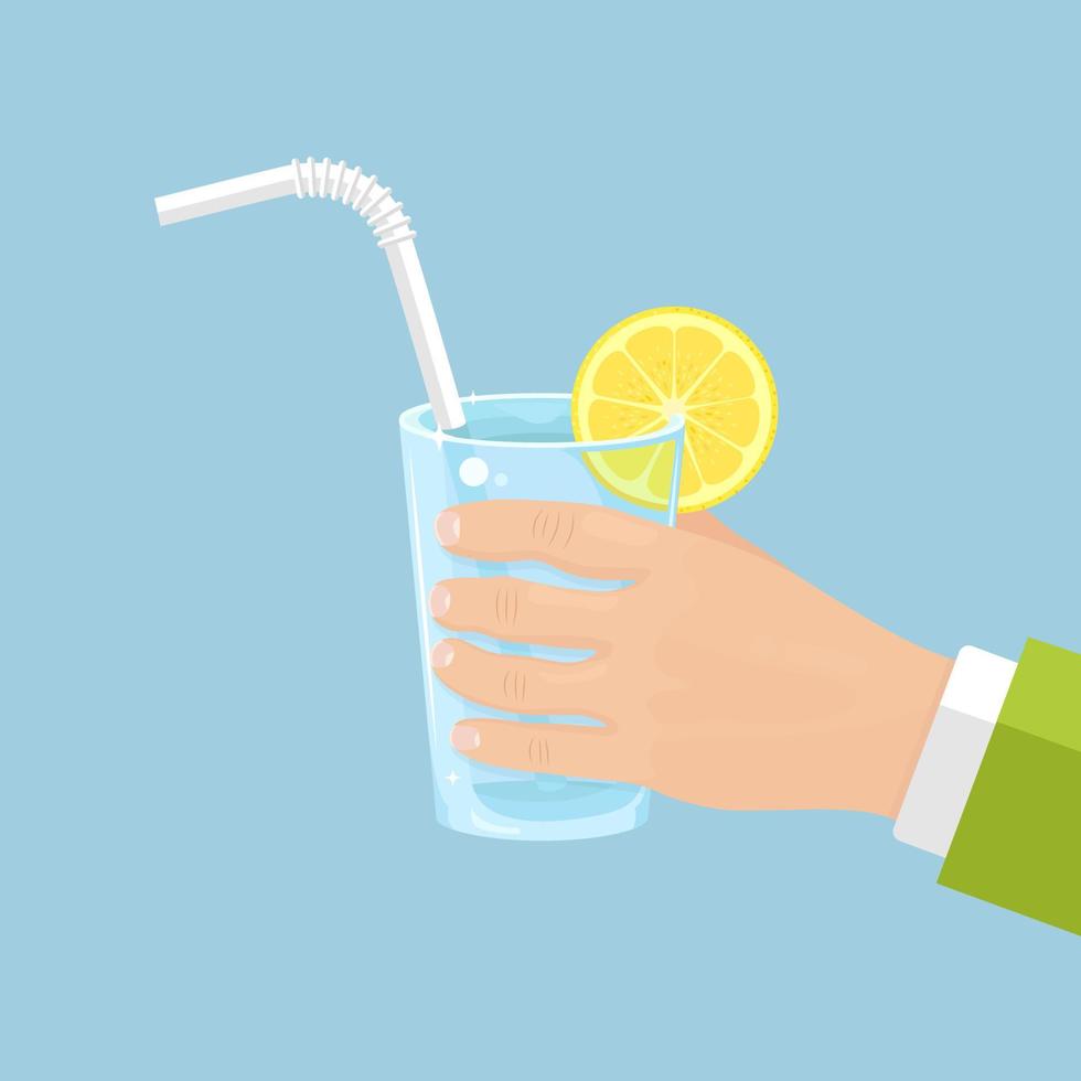 la main de l'homme tient un verre avec de l'eau propre et de la paille, une tranche de citron vecteur