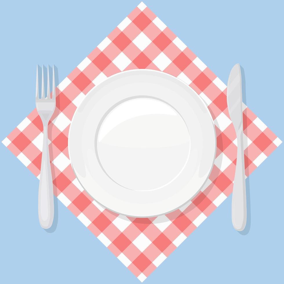 assiette vide, couteau et fourchette sur tissu à carreaux rouges. restaurant servir vecteur