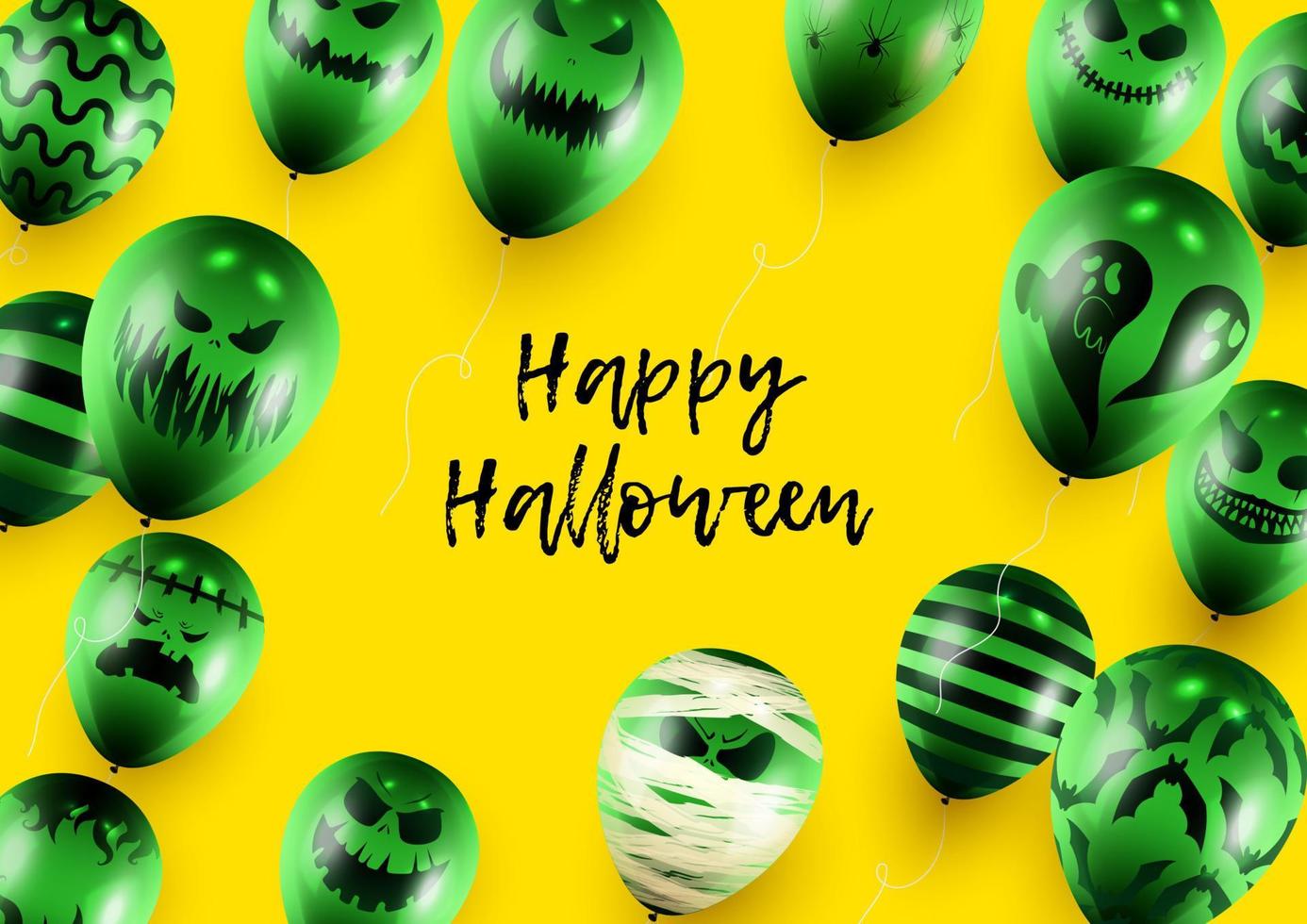 modèle d'affiche et de bannière d'halloween avec des ballons verts sur fond jaune vecteur