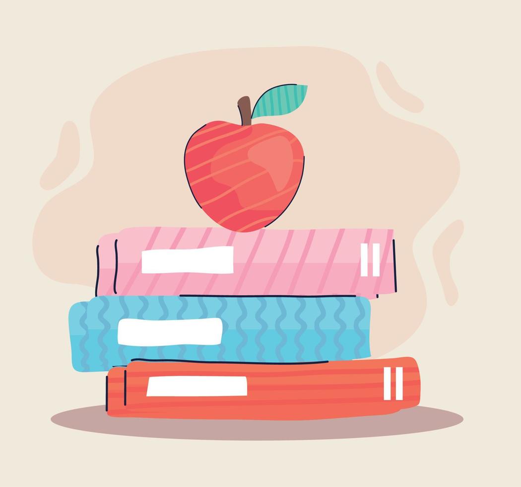 empiler des fournitures de livres de texte avec des fruits frais aux pommes vecteur