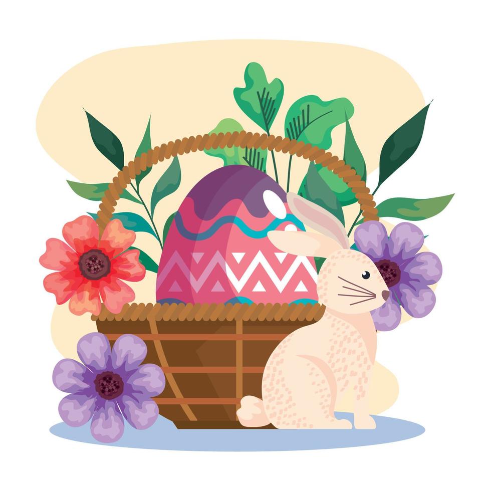 carte de fête de joyeuses pâques avec oeuf peint dans le panier et lapin mignon vecteur