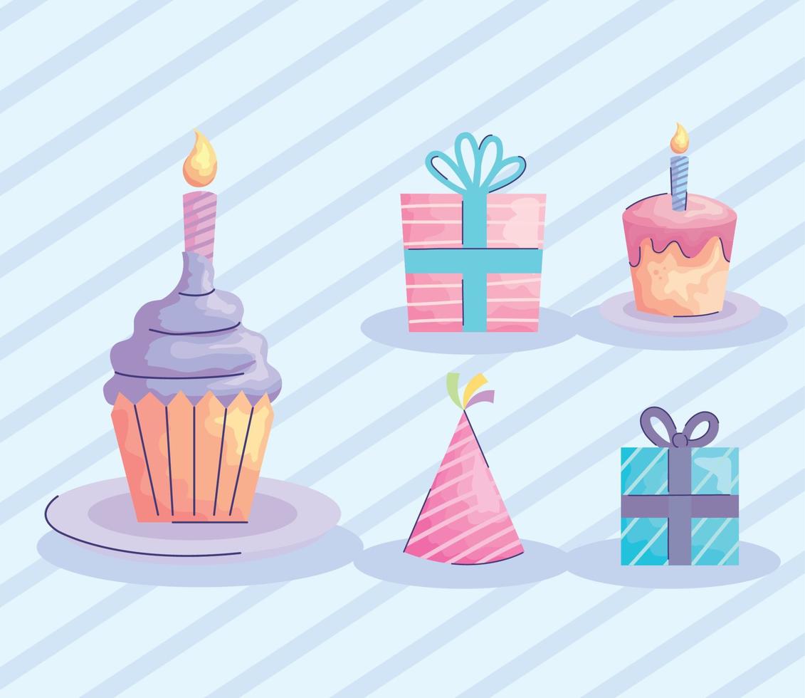 joyeux anniversaire cupcake avec set d'icônes style acuarela vecteur
