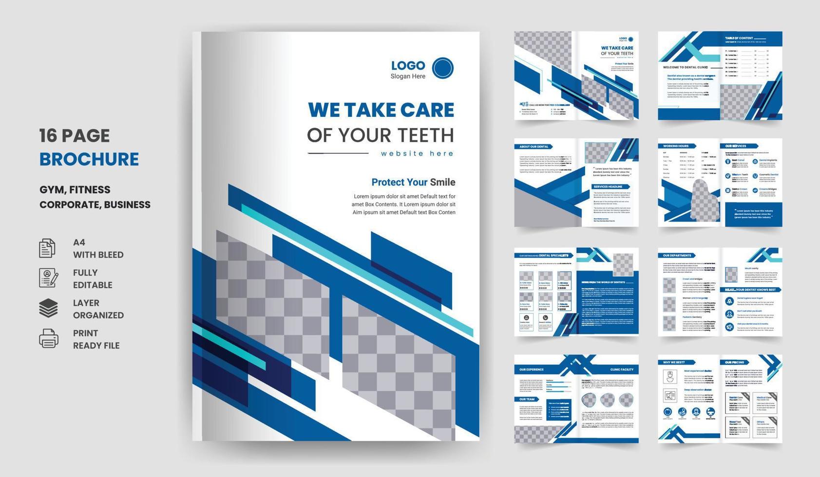 16 pages de soins de santé dentaires médicaux, rapport annuel, conception de brochures d'entreprises hospitalières de plusieurs pages vecteur