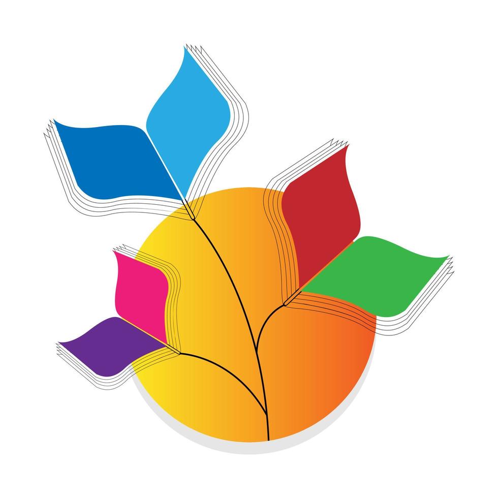 logo de livre de feuilles avec la pleine lune. feuilles colorées d'un modèle de logo de livre. convient à l'identité de marque de la librairie, de la maternelle, du laboratoire et de l'éducation vecteur