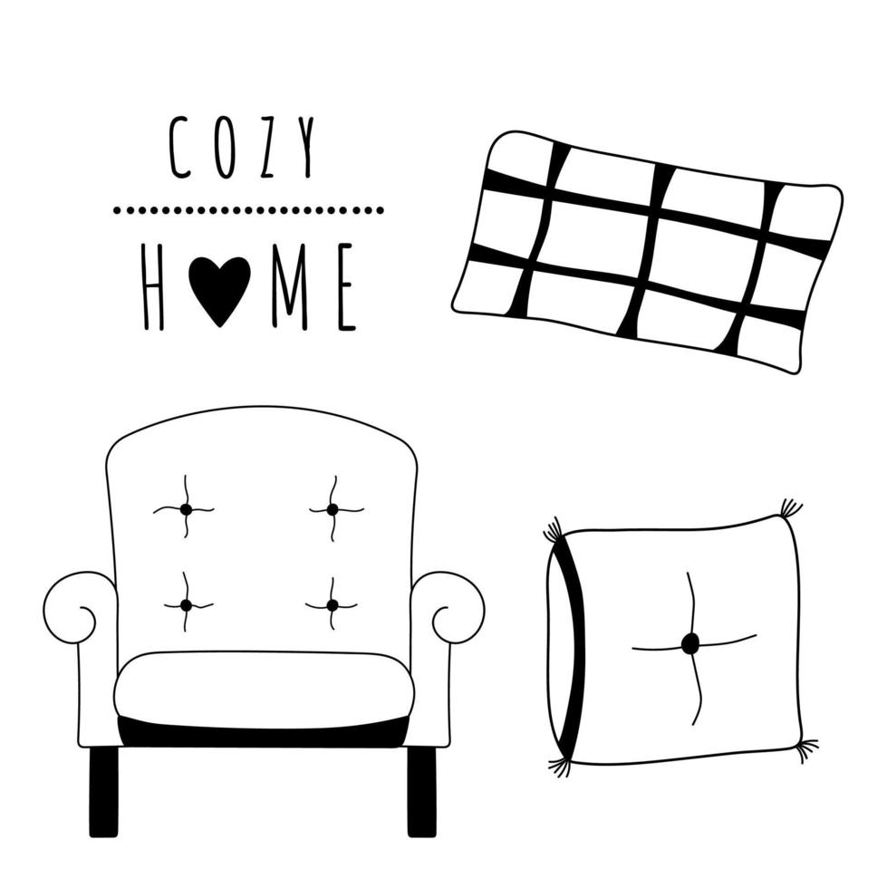 contour confortable maison doodles ensemble isolé. clipart fauteuil et oreillers dessinés à la main. illustration vectorielle d'éléments d'intérieur vecteur