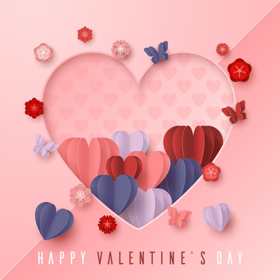 style de coupe de papier happy valentines day avec forme de coeur coloré sur fond rose vecteur
