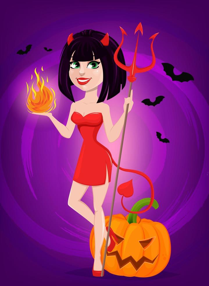 fille diable pour halloween. diablesse sexy avec un trident dans une main et une flamme dans une autre debout près de la citrouille. vecteur