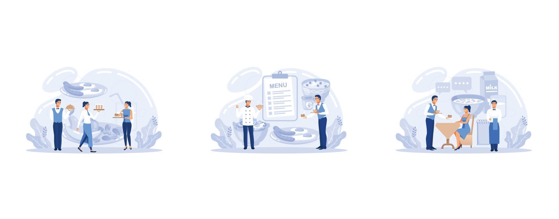 bannière web de serveur ou ensemble de pages de destination. personnel du restaurant en uniforme, service de restauration, ensemble d'illustrations modernes à vecteur plat