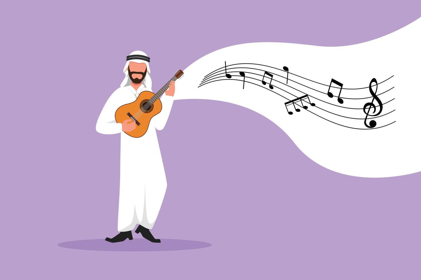 conception d'entreprise dessinant un gars arabe jouant sur l'ukulélé et chantant en s'amusant. musicien masculin tenant une petite guitare et chantant. l'homme joue sur un instrument de musique. illustration vectorielle de style dessin animé plat vecteur