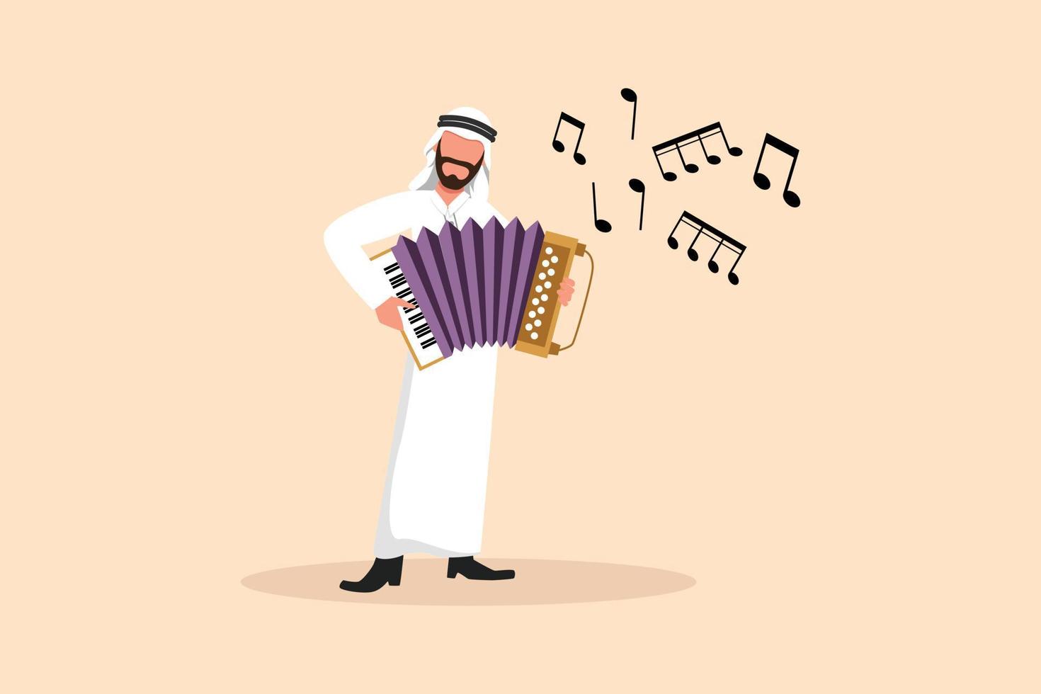plat d'affaires dessin personnage de musicien homme arabe jouant de l'accordéon. l'interprète masculin joue d'un instrument de musique acoustique. l'accordéoniste joue d'un instrument de musique. illustration vectorielle de dessin animé vecteur