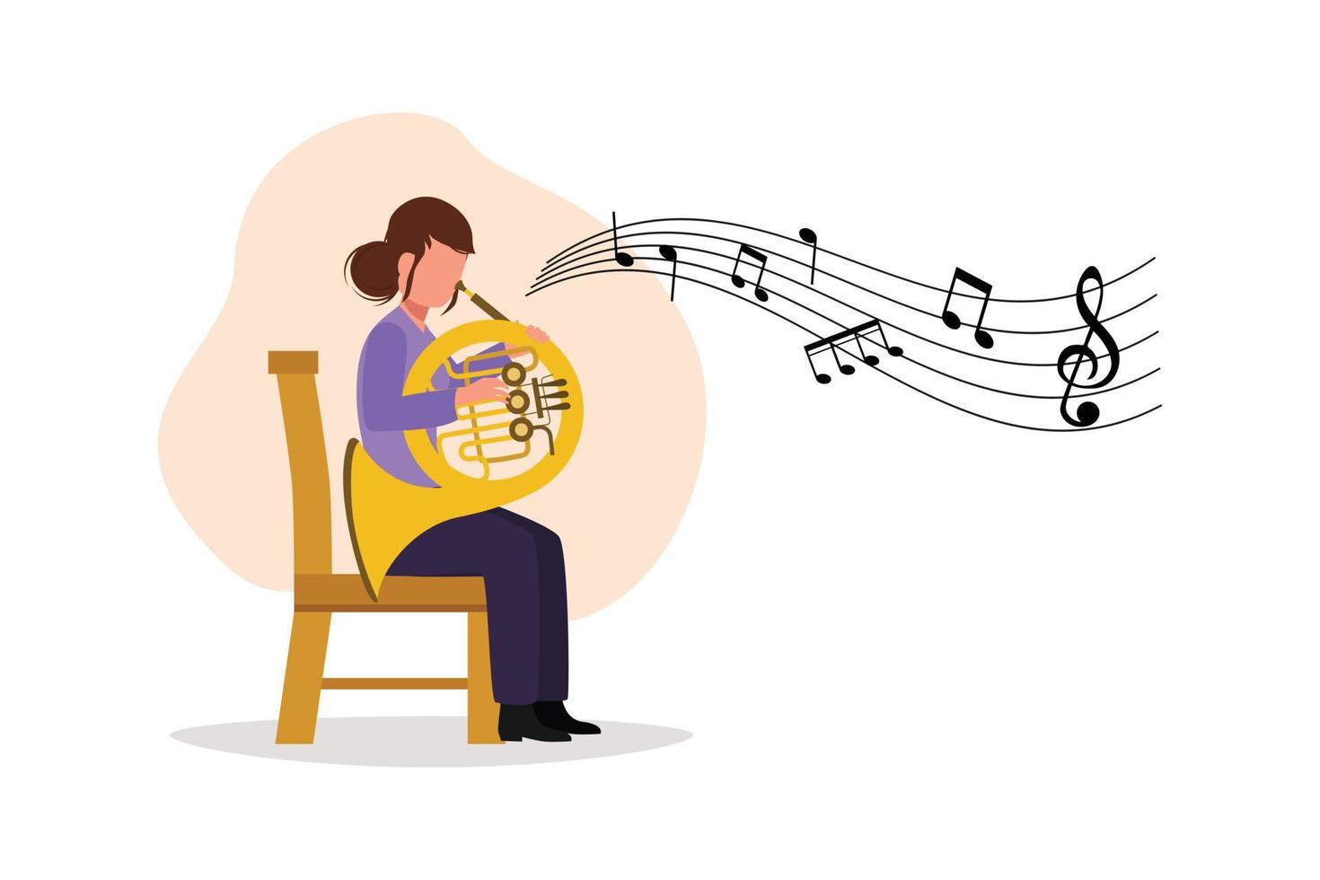 style de dessin animé plat d'affaires dessinant une musicienne exécutant une mélodie classique sur le cor français. instrumentiste jouant de la musique sur des cuivres. femme avec trompette. illustration vectorielle de conception graphique vecteur