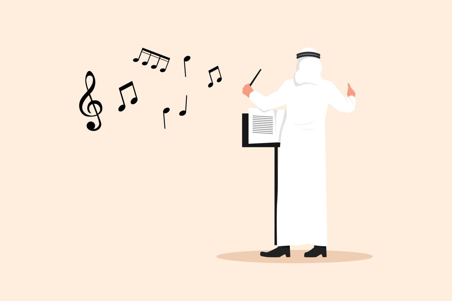 dessin plat d'affaires vue arrière du chef d'orchestre arabe debout et se produisant sur scène. musicien masculin dirigeant un orchestre symphonique instrumental classique. illustration vectorielle de personnage de dessin animé vecteur