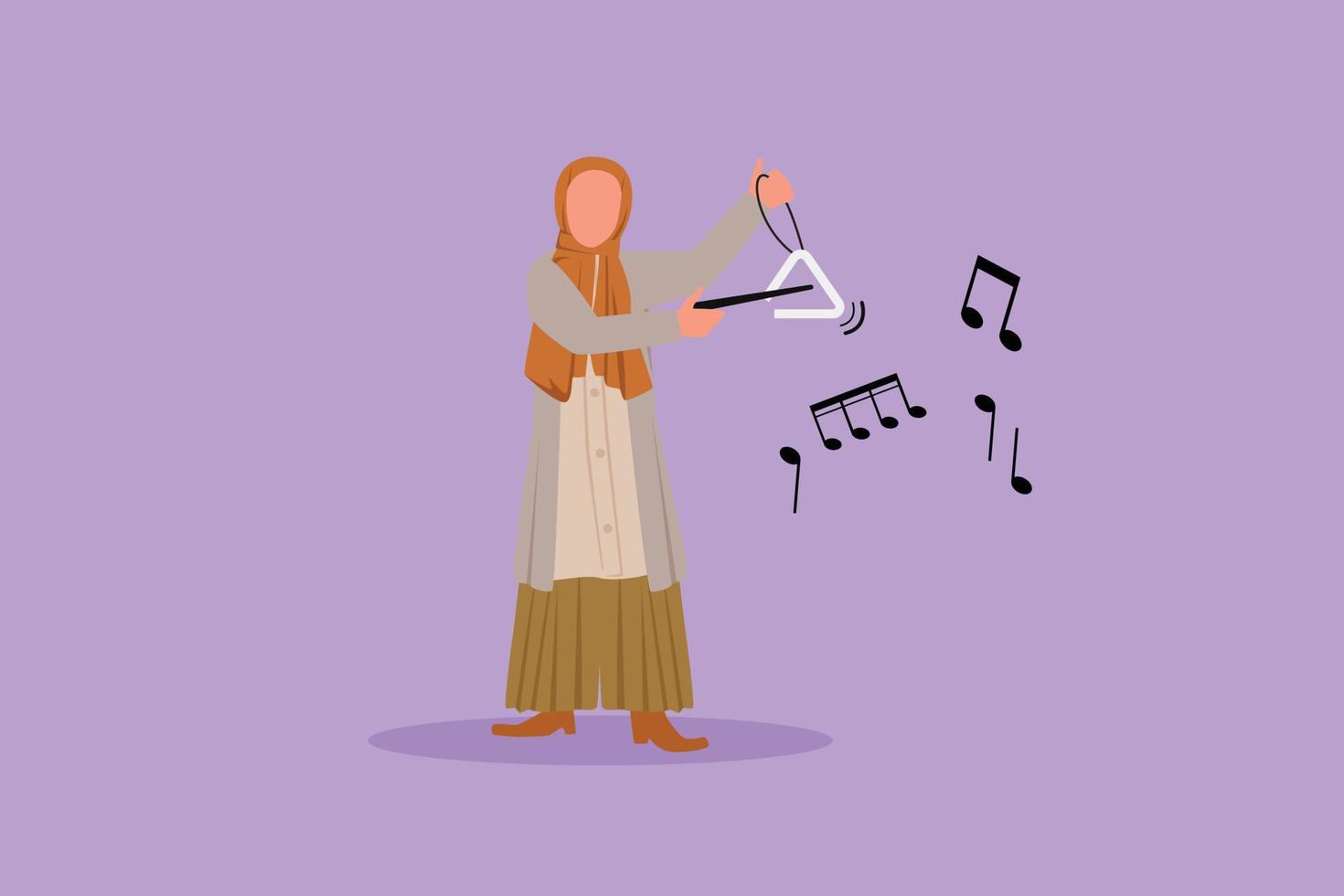 plat d'affaires dessinant une femme arabe musicienne jouant un triangle musical. artiste d'orchestre classique avec instrument de musique. prestation de musicien professionnel. illustration vectorielle de personnage de dessin animé vecteur