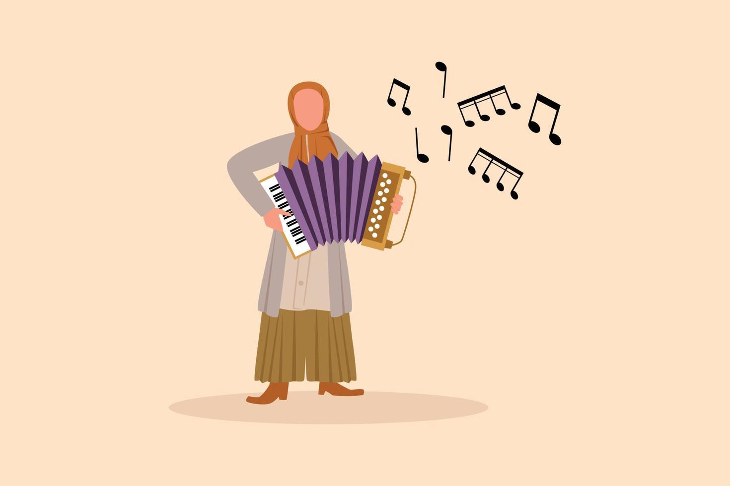 dessin de conception d'entreprise musicienne arabe jouant de l'accordéon. l'interprète féminine joue d'un instrument de musique acoustique. l'accordéoniste joue d'un instrument de musique. illustration vectorielle de style dessin animé plat vecteur