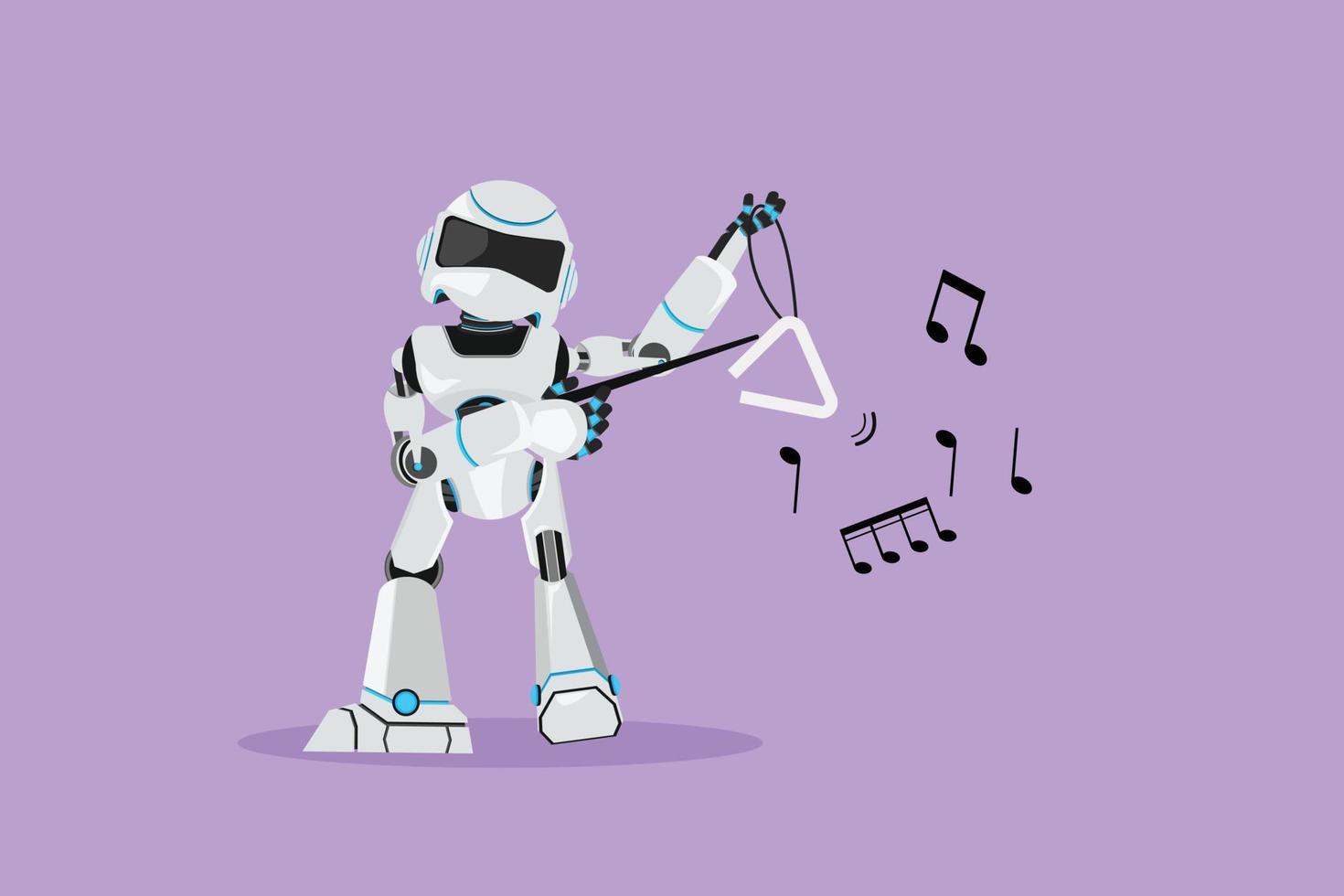 personnage dessin plat robot musicien jouant triangle musical sur scène. instrument d'orchestre de musique classique. robot humanoïde cybernétique. future industrie robotique. illustration vectorielle de dessin animé vecteur