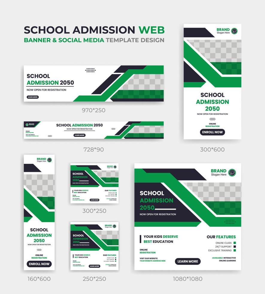 mise en page de la couverture d'admission à l'éducation scolaire ensemble de médias sociaux et de bannières web défini modèle vertical, horizontal et carré de taille standard. vecteur