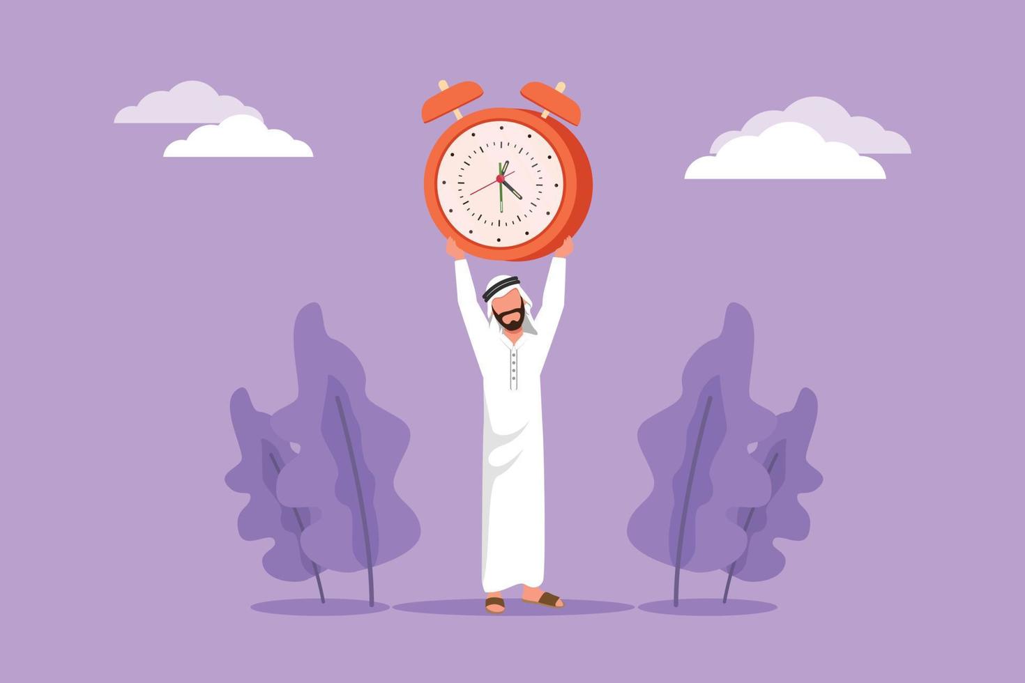 dessin de style dessin animé plat homme d'affaires arabe fort levant le réveil dans les mains. heure, montre, offre limitée, symbole de la date limite. l'innovation et le développement des affaires. illustration vectorielle de conception graphique vecteur