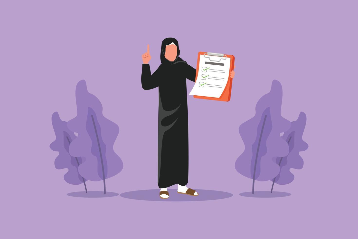 personnage dessin plat femme d'affaires arabe debout, tenant le presse-papiers et pointant l'index vers le haut. personne gardant le bloc-notes à la main. concept d'idée d'entreprise de succès. illustration vectorielle de dessin animé vecteur