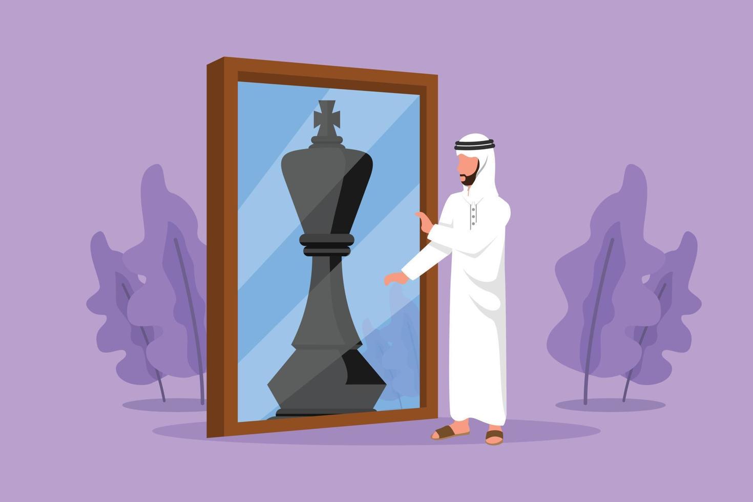 dessin de style plat dessin animé bel homme d'affaires arabe debout devant le miroir, reflétant le roi des échecs. métaphore de la confiance. entreprise de succès, opportunités. illustration vectorielle de conception graphique vecteur