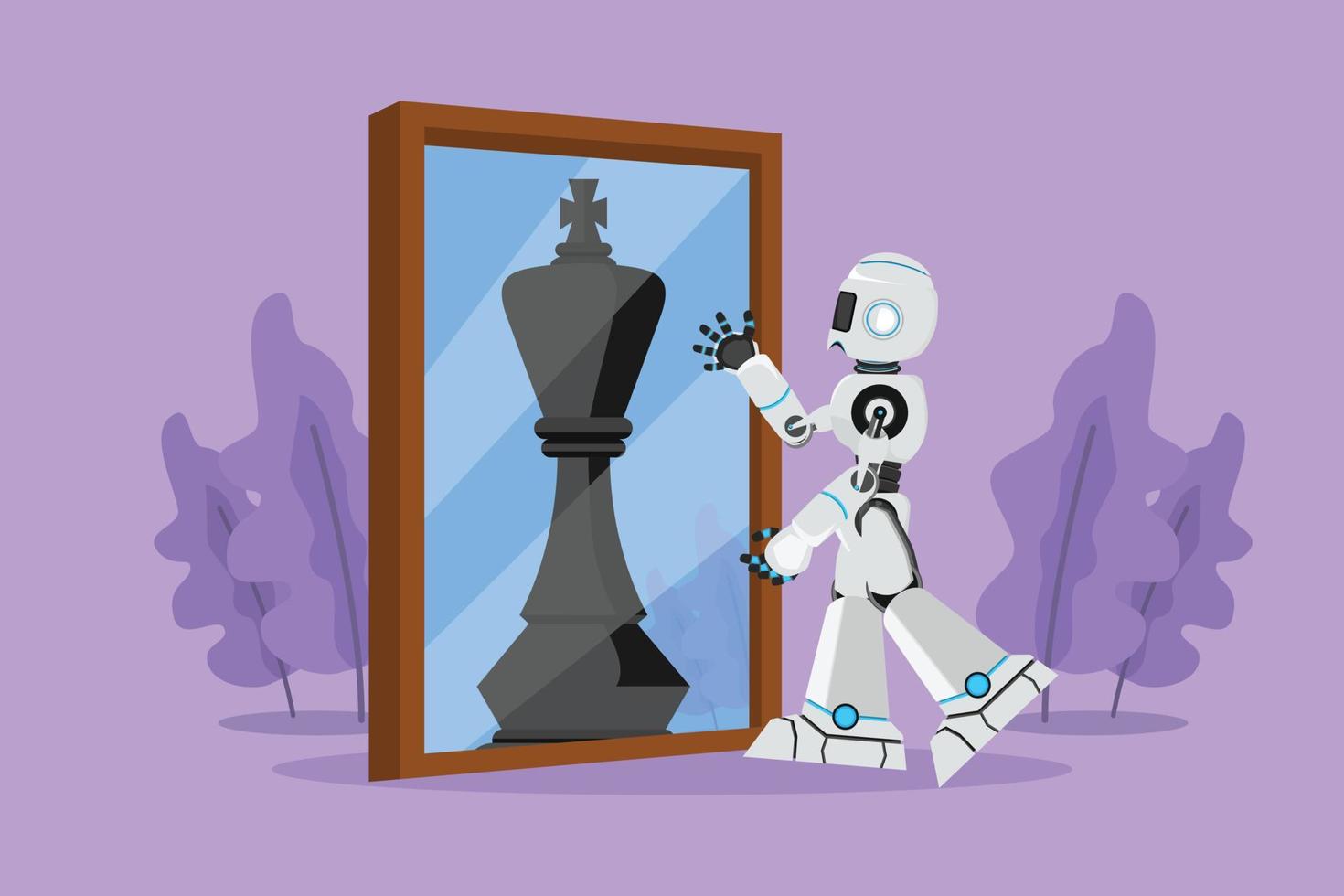 robot de dessin plat de caractère debout devant le miroir reflétant le roi des échecs. métaphore de la confiance. organisme cybernétique robot humanoïde. futur développement de robots. illustration vectorielle de dessin animé vecteur