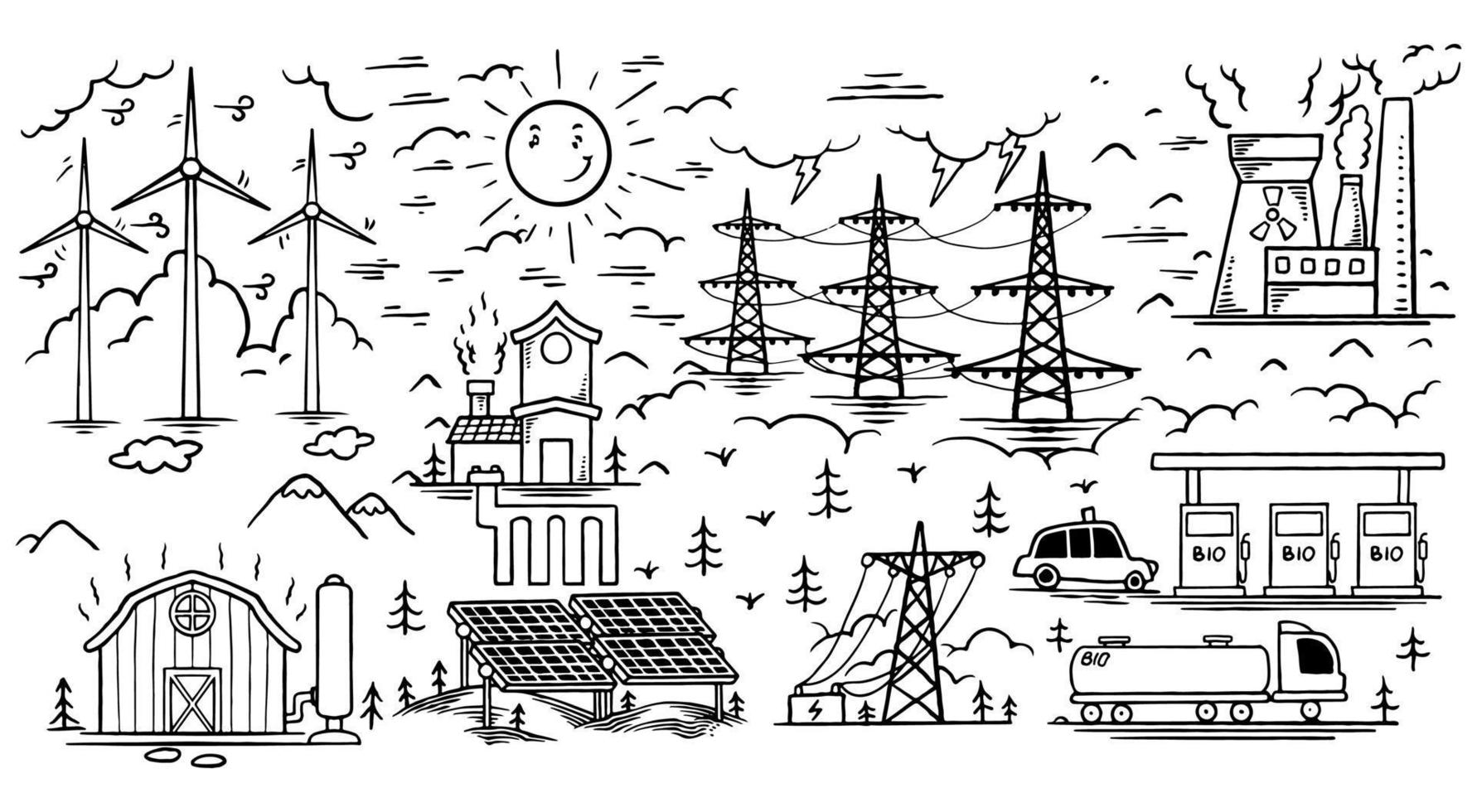 écologie dessinée à la main doodle jeu d'icônes d'énergie renouvelable vecteur