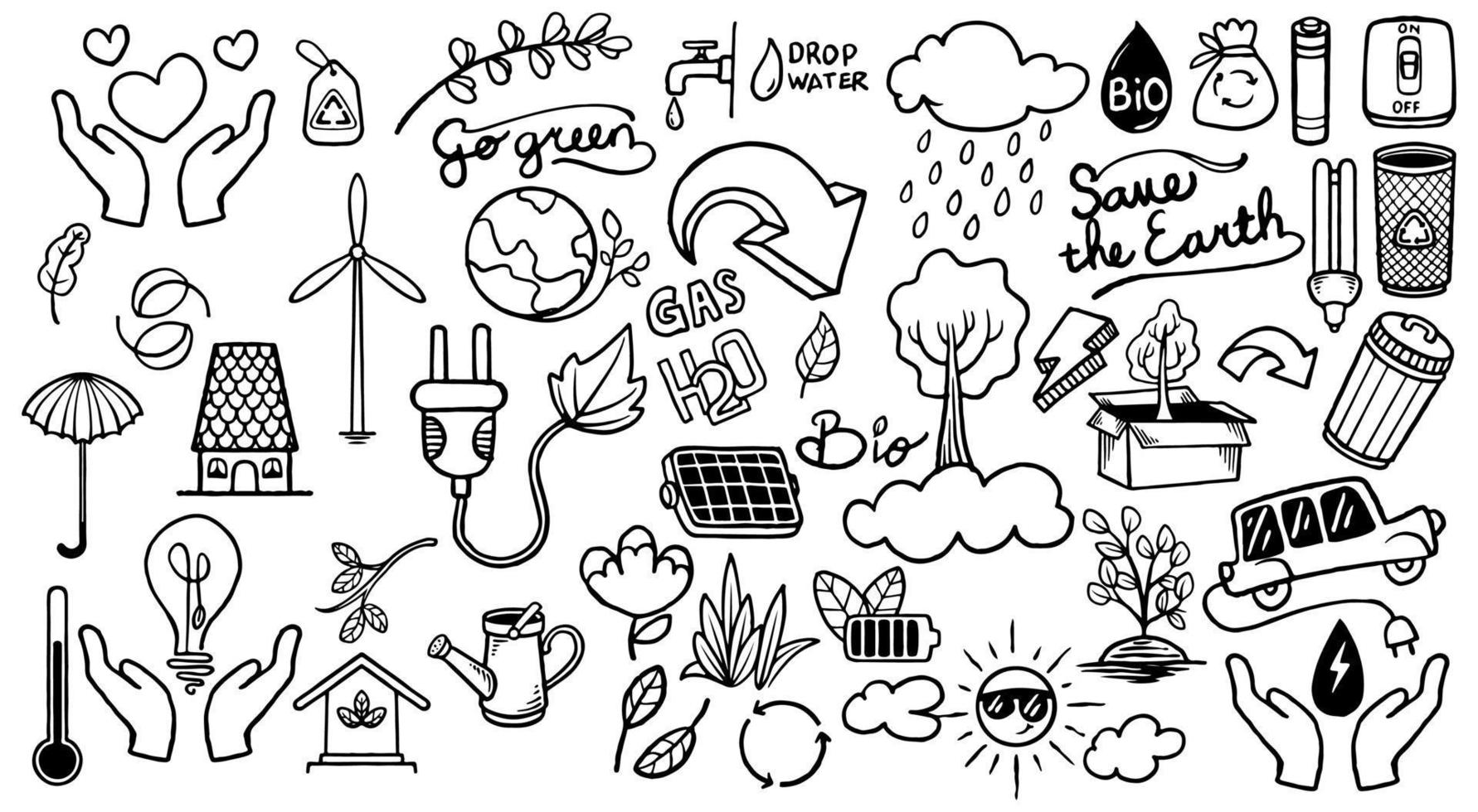 ensemble d'icônes de doodle écologie dessinés à la main de sauver la terre sur fond blanc. vecteur