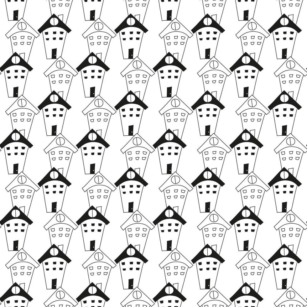 doodle motif dessiné à la main avec des maisons en noir et blanc. bâtiments d'art en ligne sans couture pour enfants, tissu, impressions vecteur