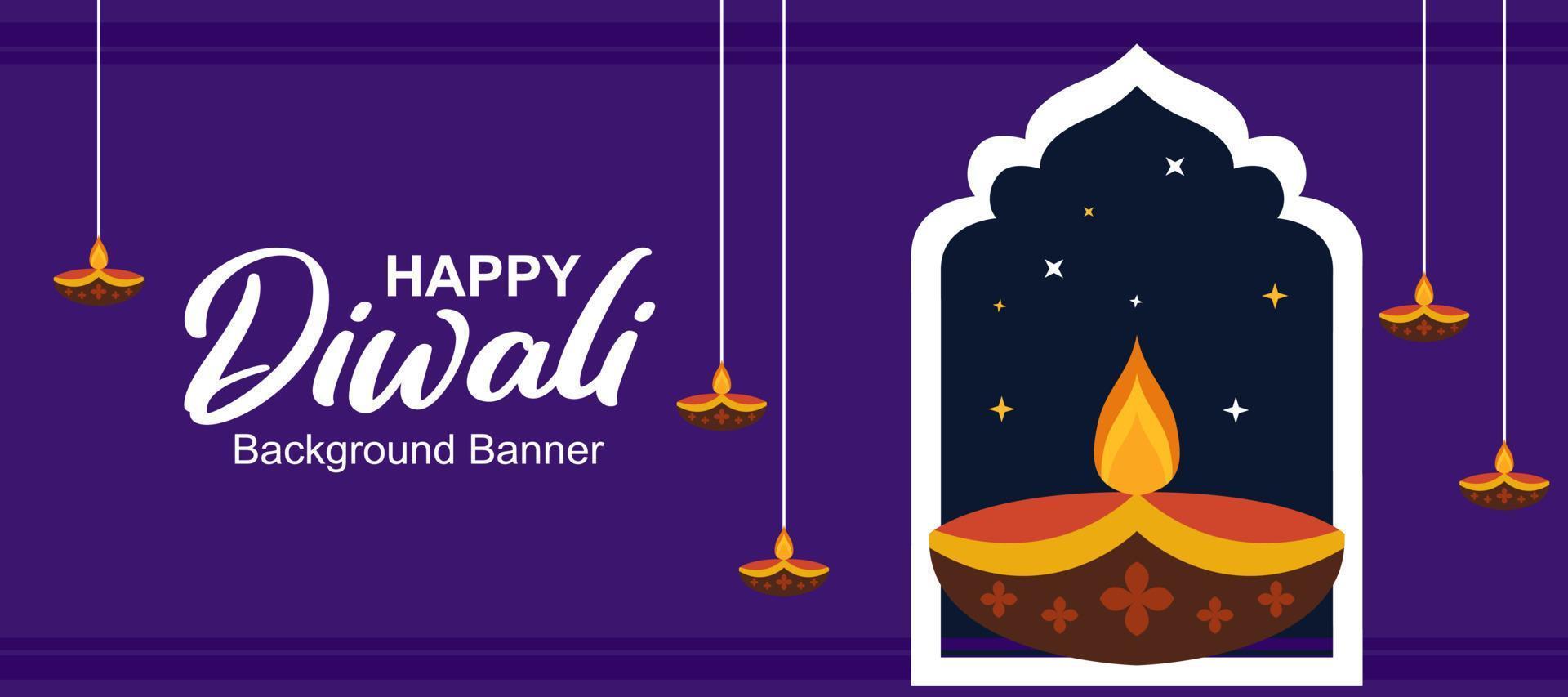 fond décoratif de carte de voeux de vacances, bannière, sur fond violet, festival diwali avec de belles lumières élégantes et éclairage diwali vecteur