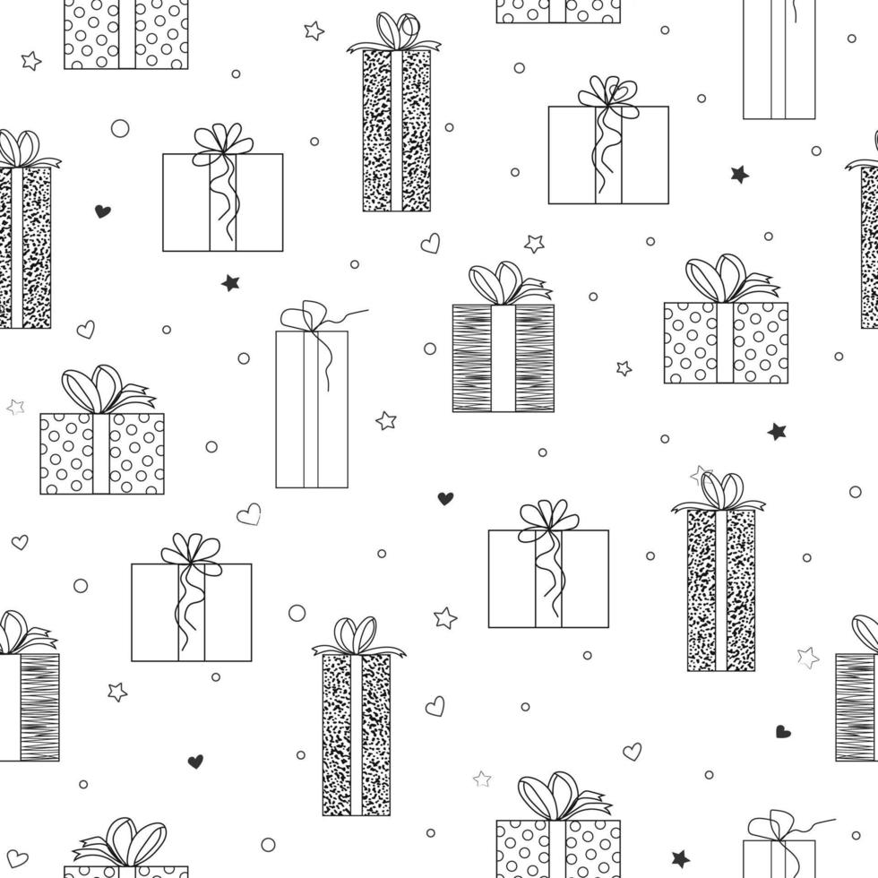 modèle sans couture avec différentes boîtes-cadeaux pour cartes de noël, bannières, invitations d'anniversaire en noir et blanc. vecteur