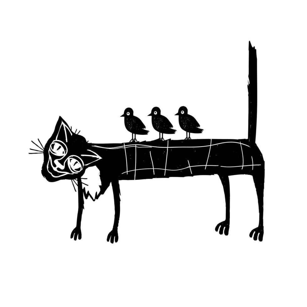 chat noir et oiseaux. illustration vectorielle vecteur