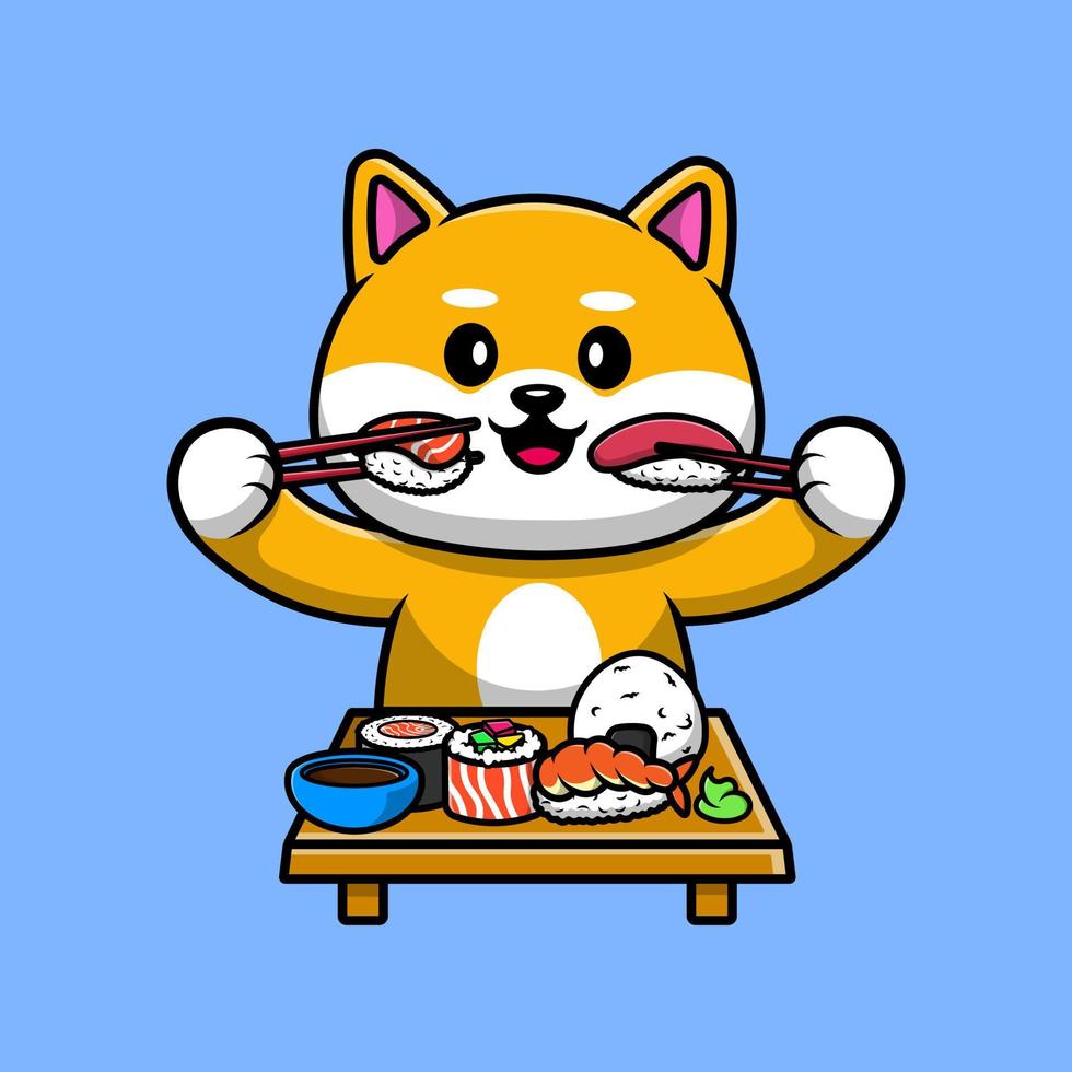 chien shiba inu mignon mangeant illustration d'icônes vectorielles de dessin animé de sushi. concept de dessin animé plat. adapté à tout projet créatif. vecteur