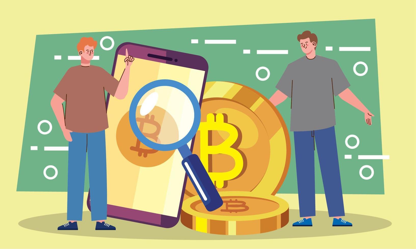 hommes avec des bitcoins dans un smartphone vecteur