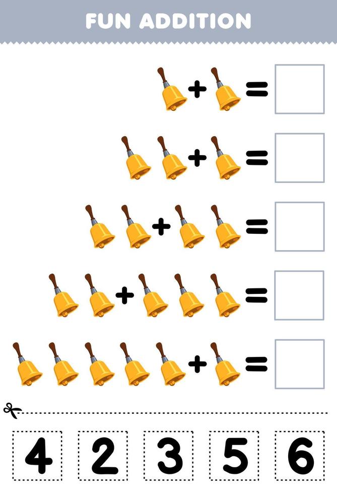 jeu éducatif pour les enfants addition amusante par coupe et correspondance numéro correct pour dessin animé instrument de musique cloche feuille de travail imprimable vecteur