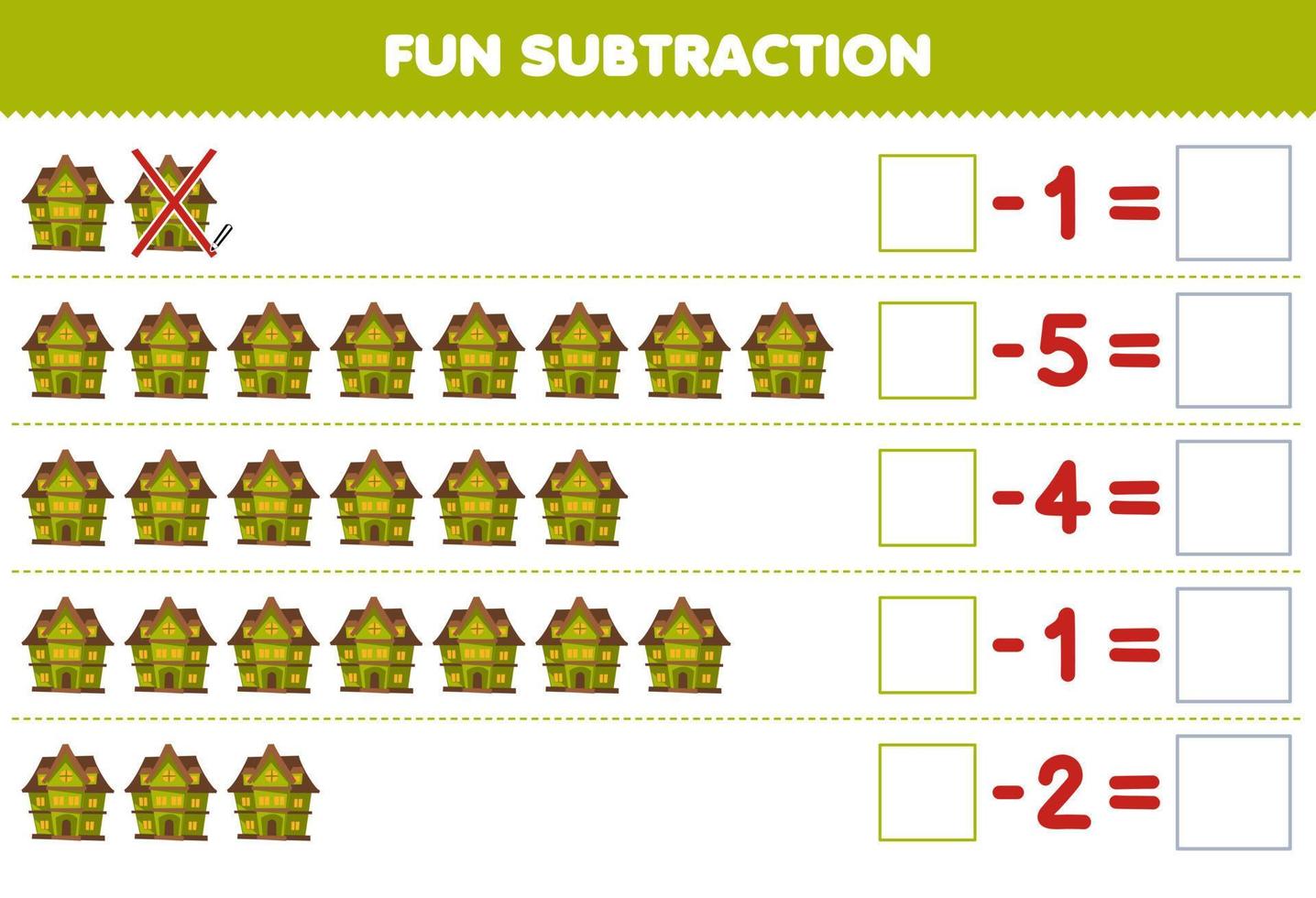 jeu éducatif pour les enfants soustraction amusante en comptant la maison fantasmagorique verte de dessin animé mignon dans chaque rangée et en l'éliminant feuille de travail imprimable d'halloween vecteur