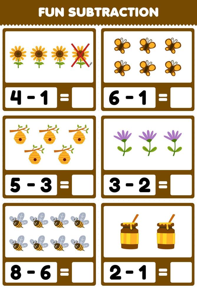 jeu éducatif pour les enfants soustraction amusante en comptant et en éliminant joli dessin animé tournesol papillon ruche fleur abeille miel feuille de travail agricole imprimable vecteur