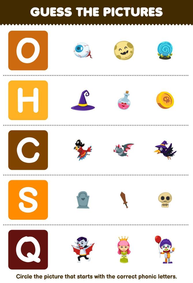 jeu éducatif pour les enfants devinez l'image correcte pour le mot phonique qui commence par la lettre ohcs et q feuille de calcul imprimable halloween vecteur