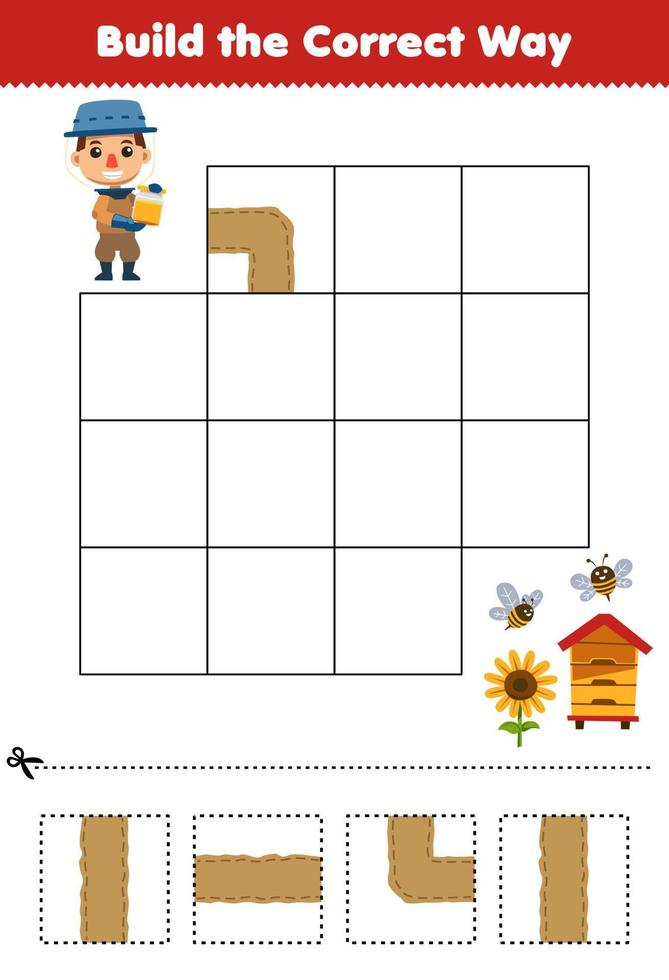 jeu éducatif pour les enfants construire de la bonne manière aider le producteur de miel de dessin animé mignon passer à la ruche et au tournesol feuille de travail imprimable vecteur