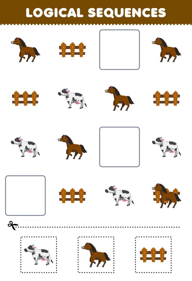 jeu éducatif pour les enfants séquences logiques pour les enfants avec dessin animé mignon cheval vache clôture image imprimable ferme feuille de calcul vecteur